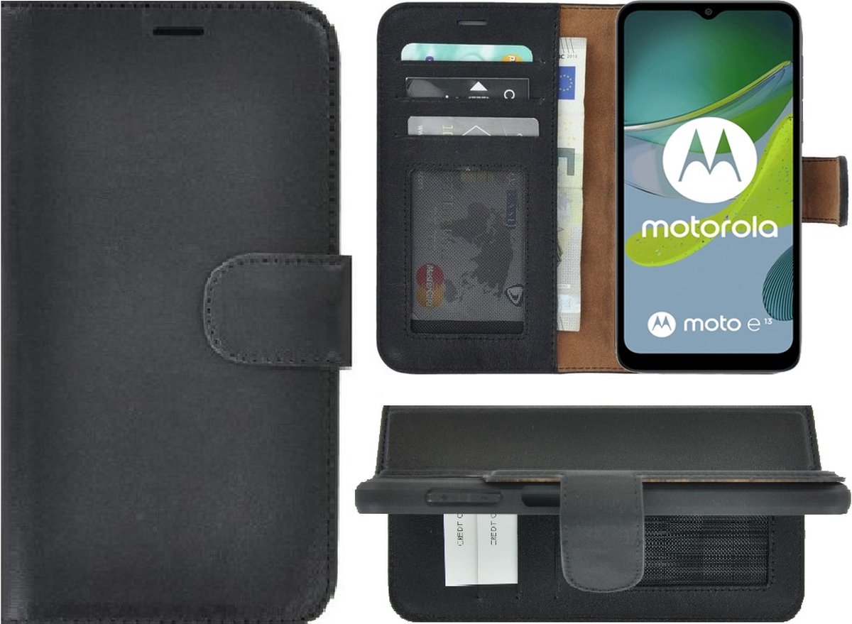 MoDo hoesje Geschikt voor Motorola Moto E13 - Echt Leer Book Case - Zwart