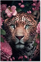 Graphic Message - Tuin Schilderij op Outdoor Canvas - Panter met roze bloemen - Jaguar