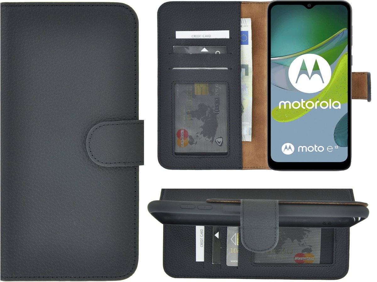MoDo hoesje Geschikt voor Motorola Moto E13 - Echt Leer Book Case - Geribbeld Zwart