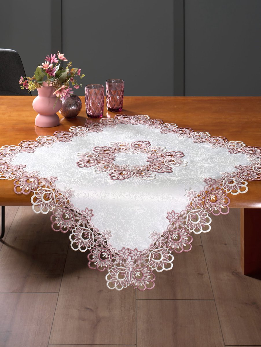 Tafelkleed - Grof Kant - offwhite - roze rand - Vierkant 85 cm