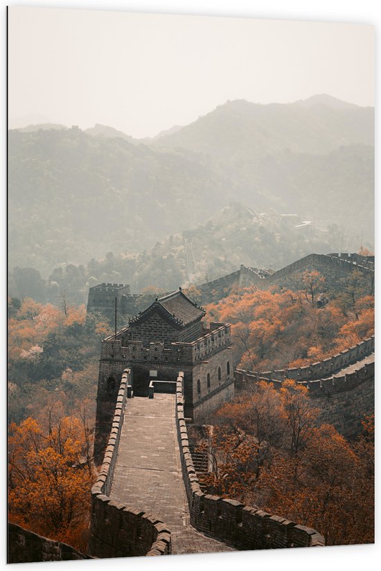 Dibond - Bovenaanzicht van Chinese Muur in Herfst - 100x150 cm Foto op Aluminium (Met Ophangsysteem)