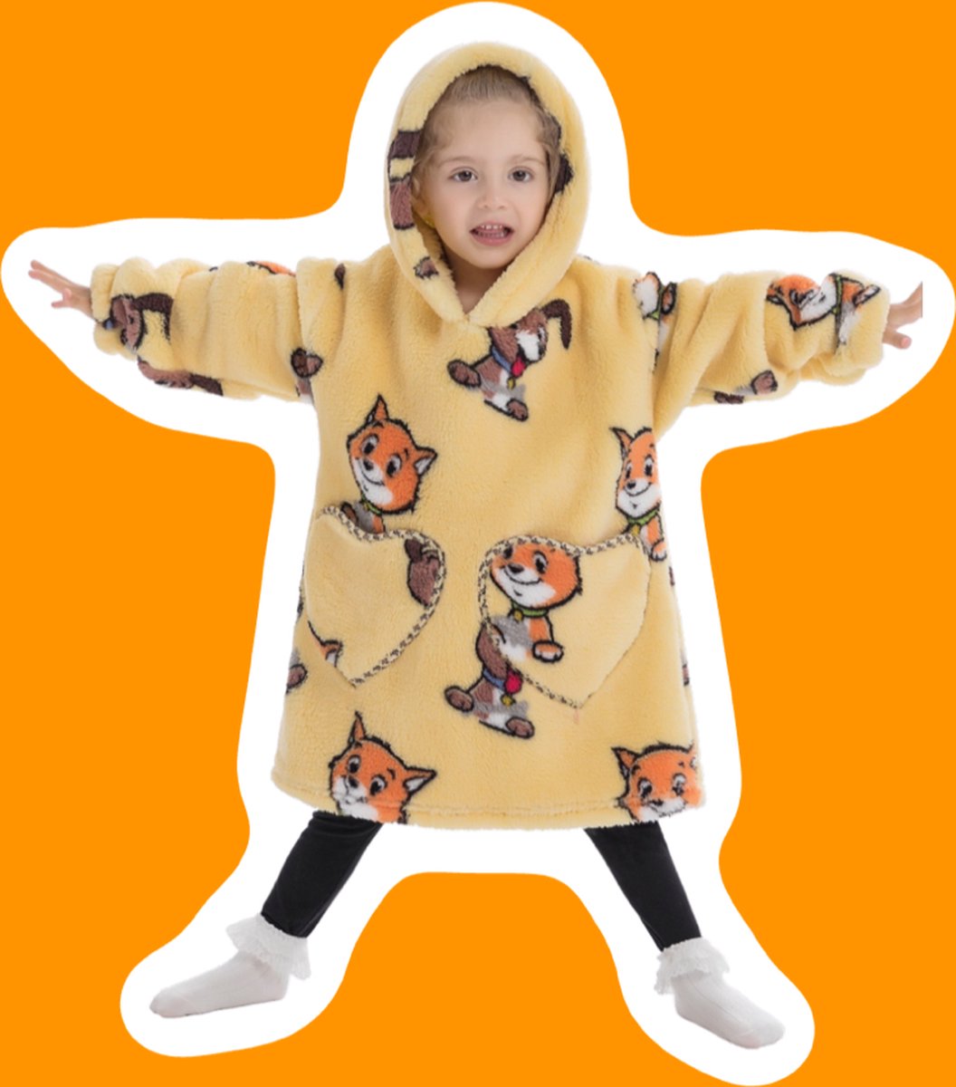Katten & honden fleece hoodie deken met mouwen - fleece poncho voor kinderen – Draagbare deken - fleece plaid met mouwen - maat 98/128 – lengte 60 cm – warm & zacht – relax outfit kids– geel - Badrock — cadeau in Wonen & Interieur - foto 8