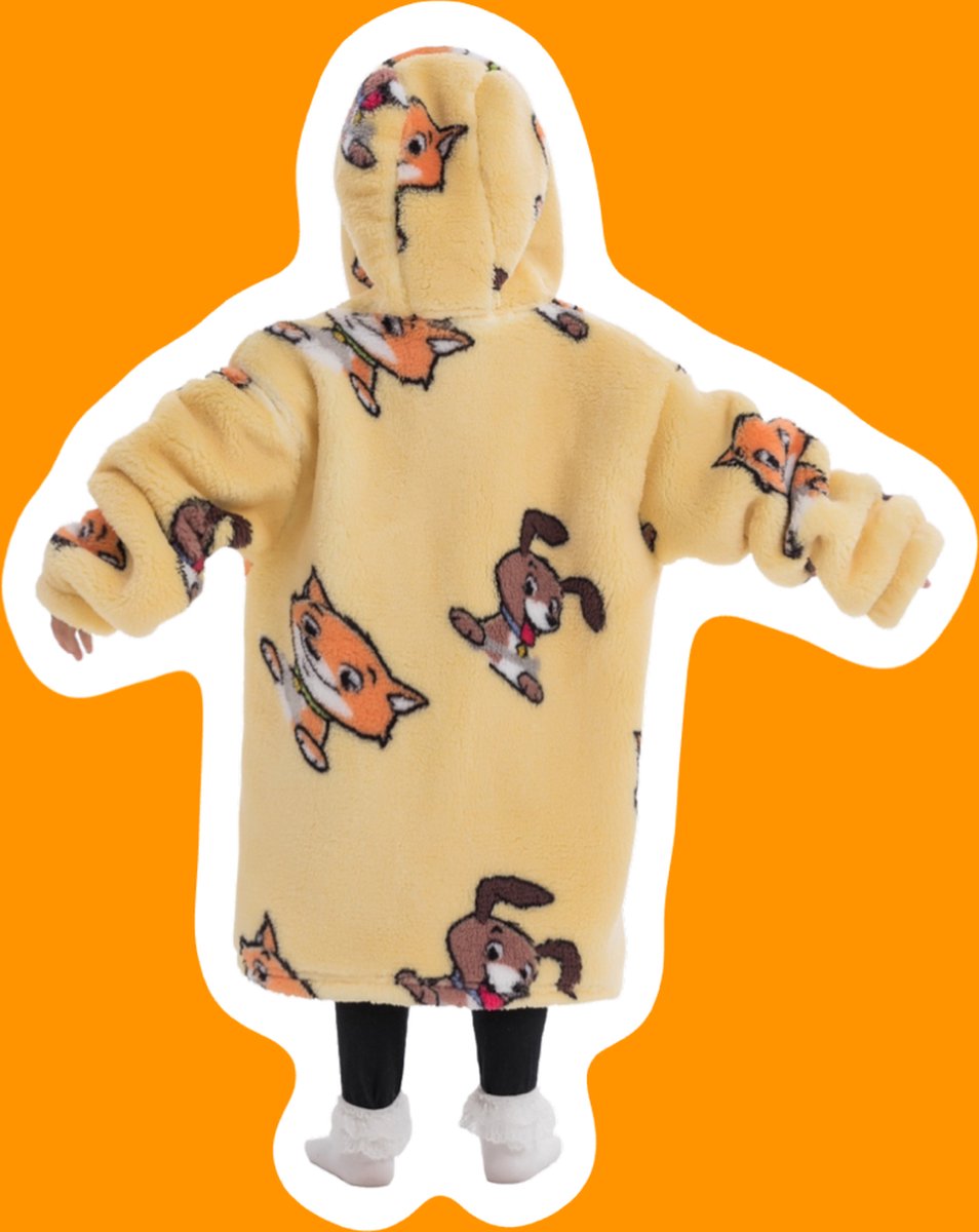 Katten & honden fleece hoodie deken met mouwen - fleece poncho voor kinderen – Draagbare deken - fleece plaid met mouwen - maat 98/128 – lengte 60 cm – warm & zacht – relax outfit kids– geel - Badrock — cadeau in Wonen & Interieur - foto 3