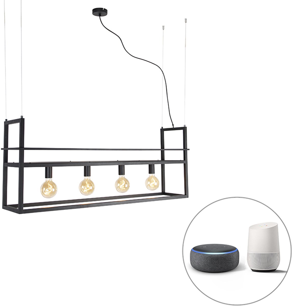 QAZQA cage rack - Industriele LED Smart Hanglamp eettafel incl. wifi voor boven de eettafel | in eetkamer - 4 lichts - L 118 cm - Zwart - Industrieel - Woonkamer | Slaapkamer | Keuken Zwart Smart LED