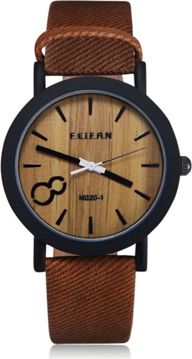 Hidzo - Houtlook Horloge - Kunststof - Brown-Bruin - 38 mm - Inclusief Horloge doosje