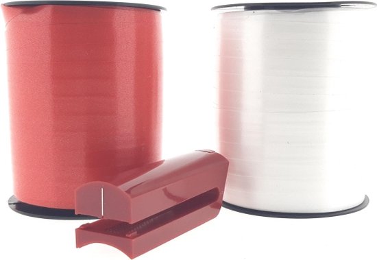 Foto: Krullintset cadeaulint verpakkingslint rood en wit 10 mm x 250 meter 2 rollen krullint splitter