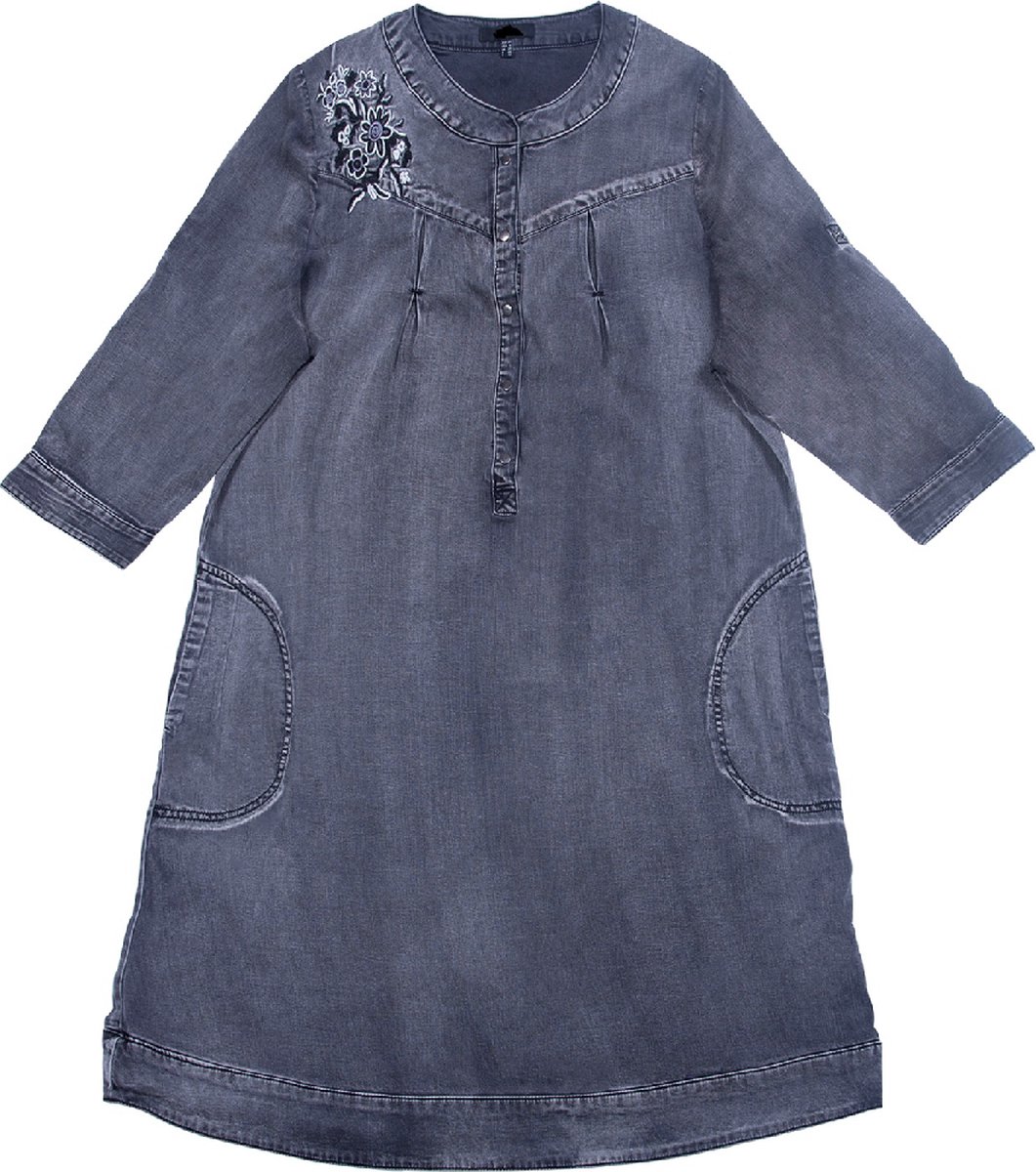 Floraweg dames lyocell jeans knop sluiting jurk met bloem borduurwerk en aap wassen zwarte kleur