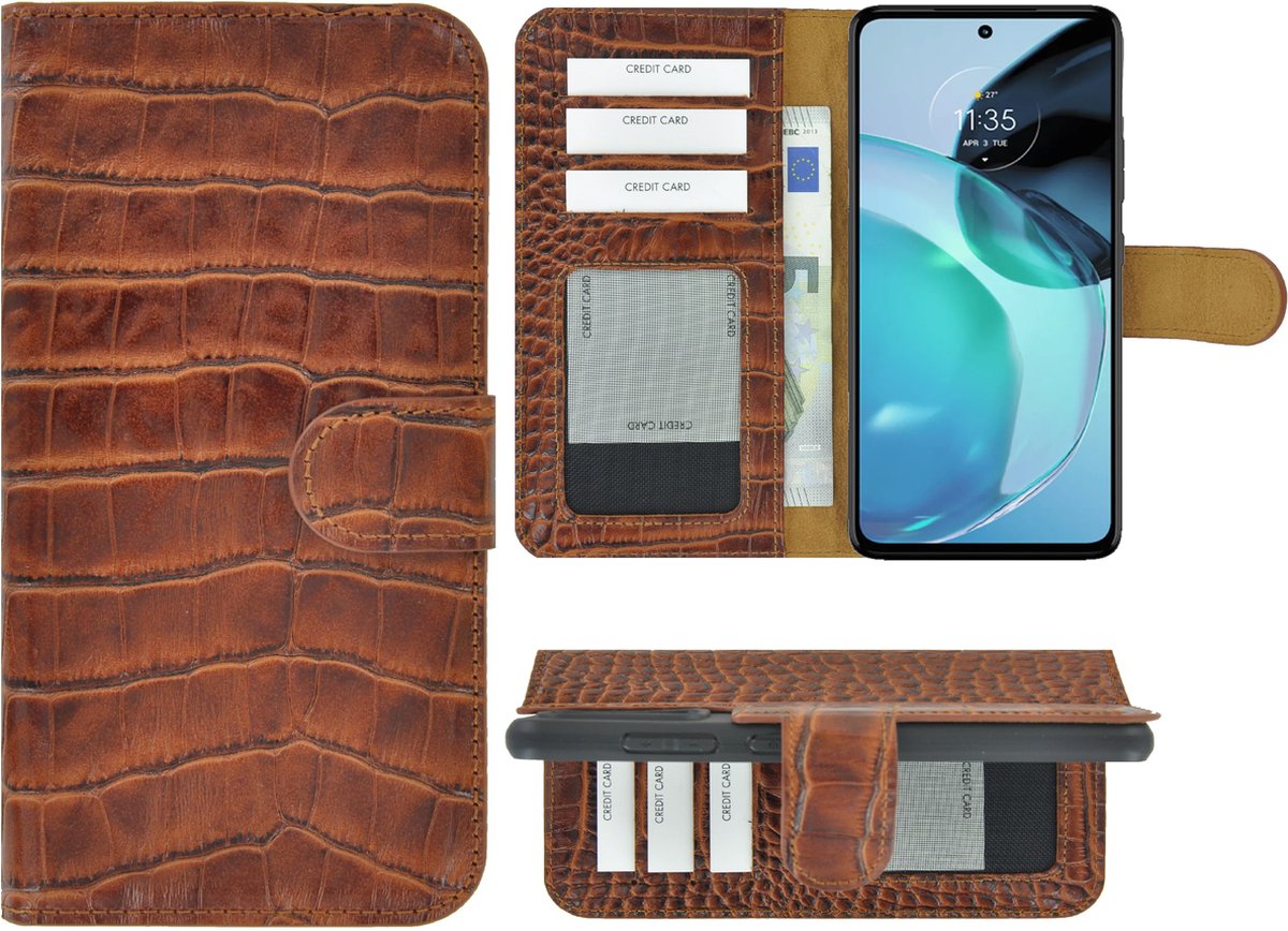 MoDo hoesje Geschikt voor Motorola Moto G73 - Echt Leer Book Case - Croco Kaneelbruin