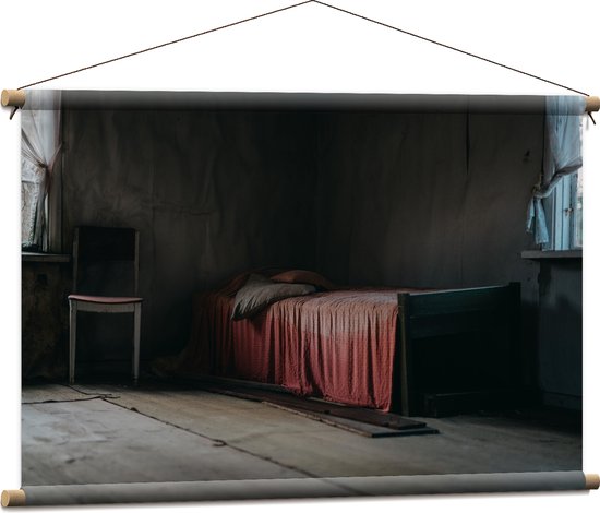 Textielposter - Bed met Rood Dekbedovertrek in Houten Kamer - 90x60 cm Foto op Textiel