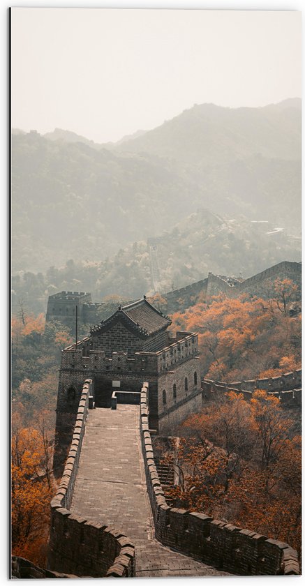 Dibond - Bovenaanzicht van Chinese Muur in Herfst - 50x100 cm Foto op Aluminium (Met Ophangsysteem)