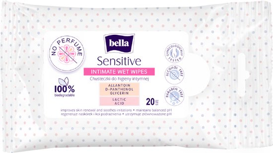 Bella Sensitive Intieme vochtige doekjes Sensitive (20 stuks in 1 pak), Parfumvrij, dermatologisch getest, Hoge kwaliteit