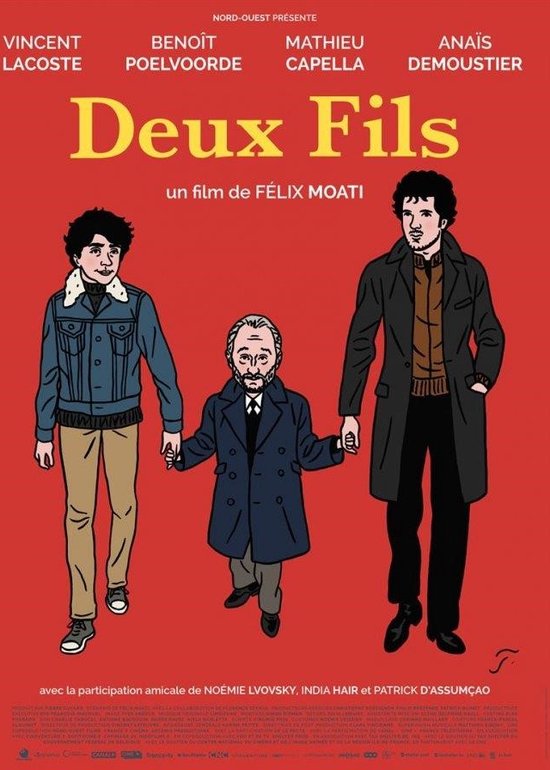 Film "Deux Fils" met drie mannen, waaronder een jongen in een spijkerjack. Tekst: "Deux Fils".