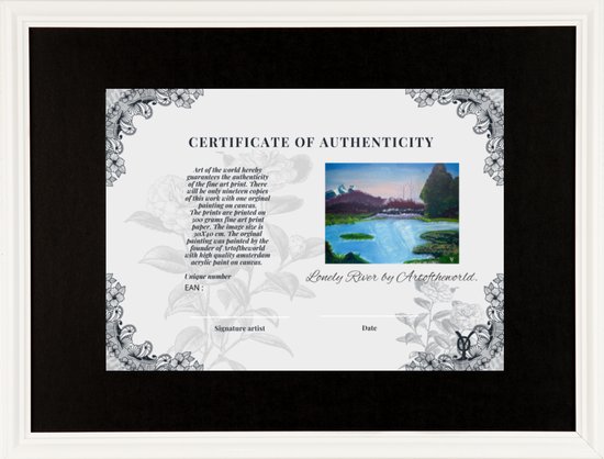 Artoftheworld tirage d'art de peinture d'art / peinture de paysage Lonely River complet avec certificat d'authenticité tous deux encadrés avec passe-partou