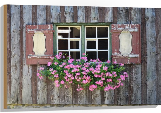 Hout - Roze Bloemen bij het Raam - 90x60 cm - 9 mm dik - Foto op Hout (Met Ophangsysteem)