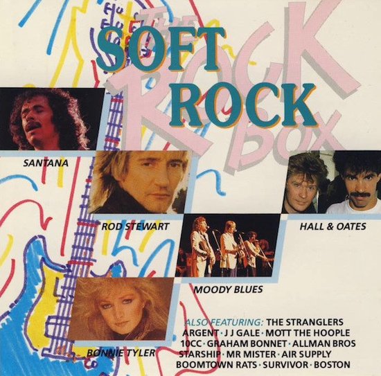 Soft Rock Box compilatie-cd met afbeeldingen van Santana, Rod Stewart, Bonnie Tyler, Hall & Oates en Moody Blues.