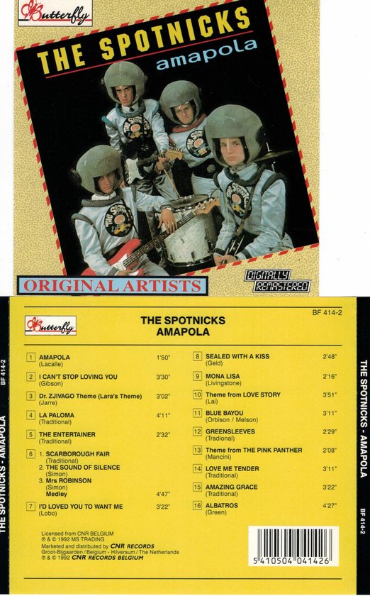 Albumhoes van The Spotnicks met bandleden in astronautenpakken en tracklist.