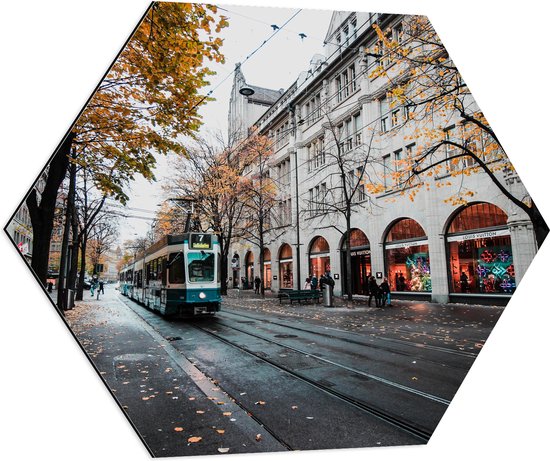 Dibond Hexagon - Straat met Tram in Zürich - 80x69.6 cm Foto op Hexagon (Met Ophangsysteem)