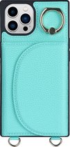 Hoesje geschikt voor iPhone 13 - Backcover - Pasjeshouder - Portemonnee - Ringhouder - Koord - Kunstleer - Turquoise