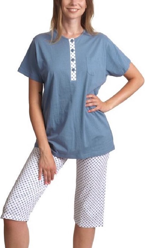 Dames Pyjama Katoen - 3/4 broek - Blauw Wit - Maat XXL | bol.com