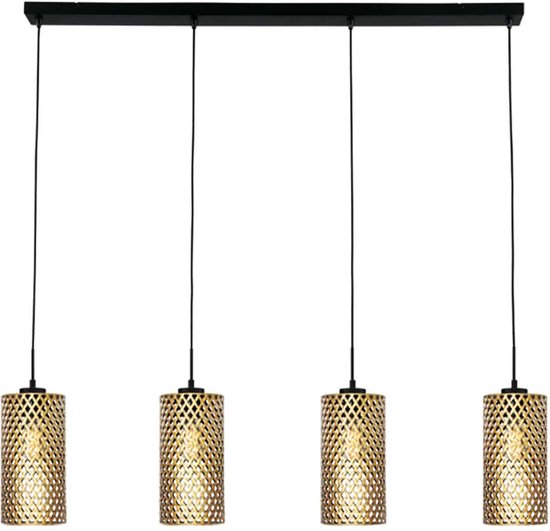 Opengewerkte eettafellamp Cestino | 4 lichts | goud / zwart | metaal | 120 x 10 cm balk | in hoogte verstelbaar tot 180 cm | eetkamer / eettafellamp | modern / sfeervol design