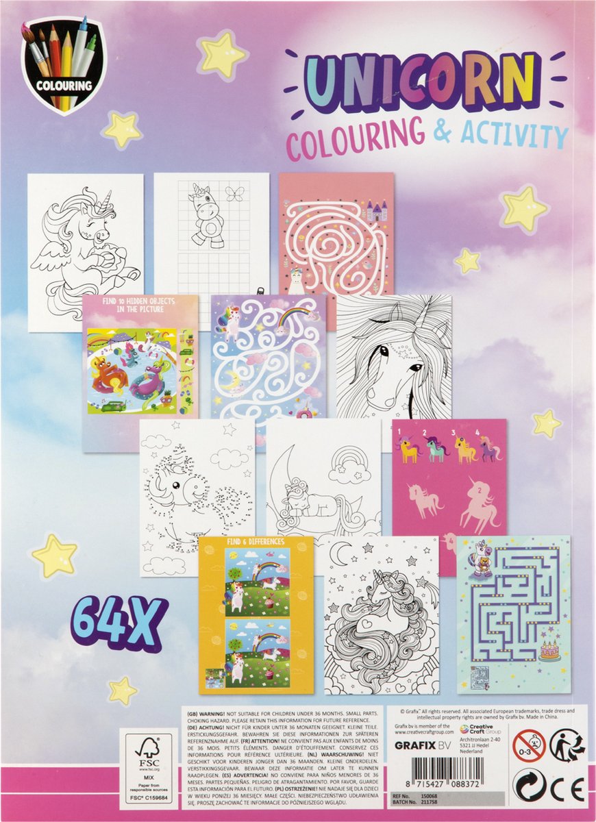 Grafix kleur- en activiteitenboek - Unicorn - A4 - 64 pagina's - Kleuren - Meisjes - Kleurboek - Kinderen - Cadeau - Activiteiten - Boek - Geschenk - Tekeningen - Doeboek - Inkleuren - Kleurplaat - Colouring Book - Kleurplezier - Opdrachten Boekje — afbeelding 4