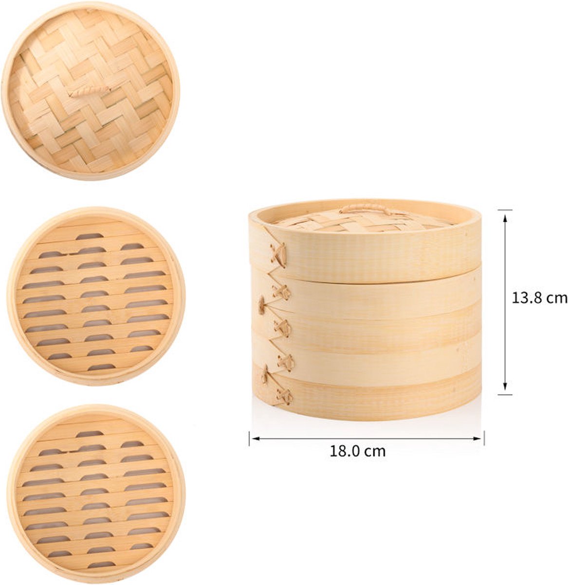 3 Delig Stoommandje met deksel - Ø18 Cm - Bamboe - Rijst Stoommanden - Stomer - Steamer Cooker - Dim Sum Stoomschaal — cadeau in Kookcadeaus - foto 6
