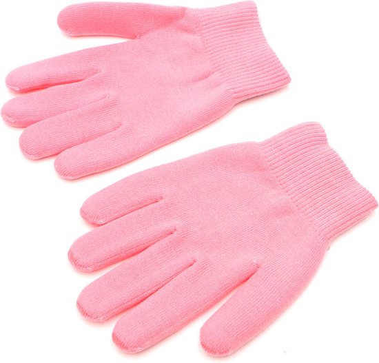 Twee roze spa gel handschoenen, met de ene hand een beetje opgetild.