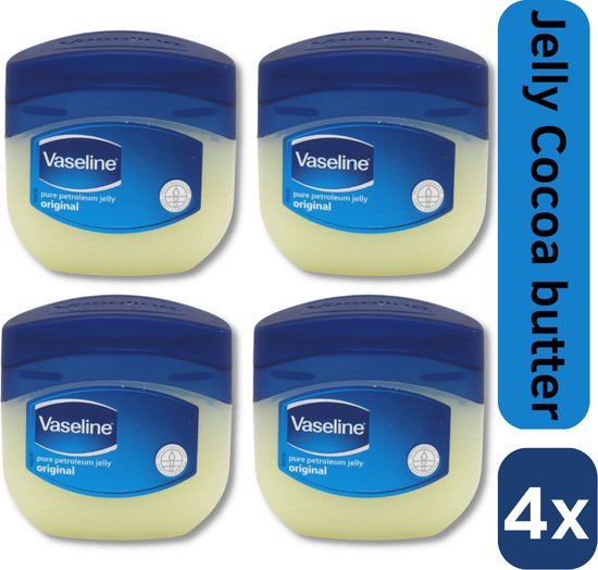 Vier potjes Vaseline Pure Petroleum Jelly Original, met blauwe deksels en gele jelly. Rechts staat 'Jelly Cocoa butter' en '4x'.