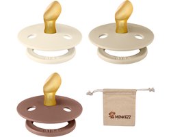 foto van Bibs Dental fopspenen Anatomical 0-6 maanden- Set 3 stuks- Ivory, Vanilla, Woodchuck - + Monkiezz speenzakje - orthodontisch- Anatomisch- Maat 1