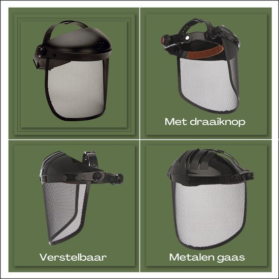 Zwarte gelaatsschermen met gaasvizier. Eén model met draaiknop, één verstelbaar en één met metalen gaas.