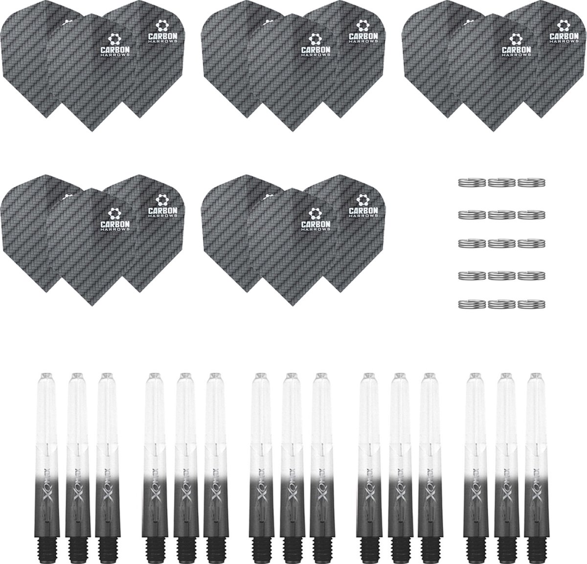 Darts Set - Maxgrip - 5 sets - dart shafts - zwart-clear - inbetween - en 5 sets - carbon - dart flights - Cadeau