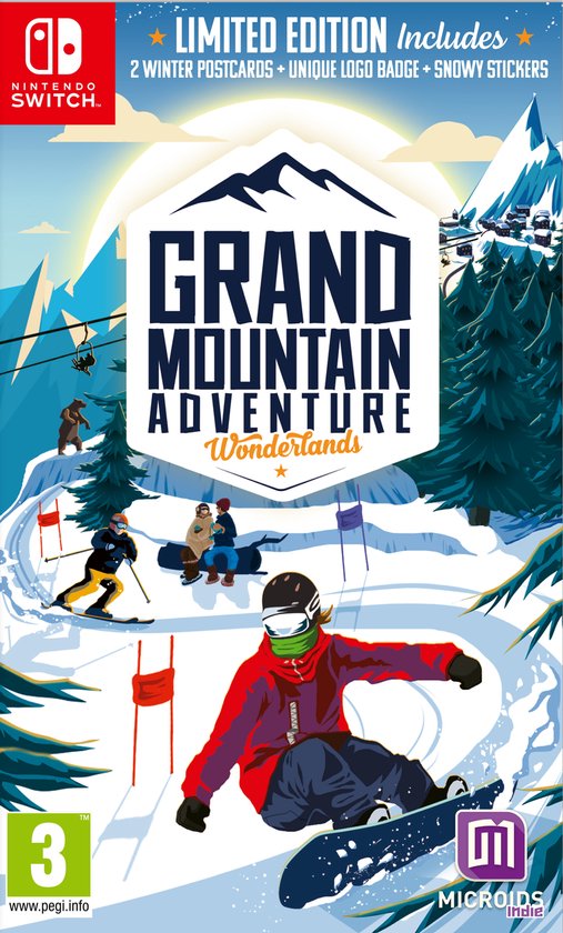 Nintendo Switch spelhoes: Grand Mountain Adventure Wonderlands Limited Edition. Een snowboarder op de voorgrond, skiërs op de achtergrond.