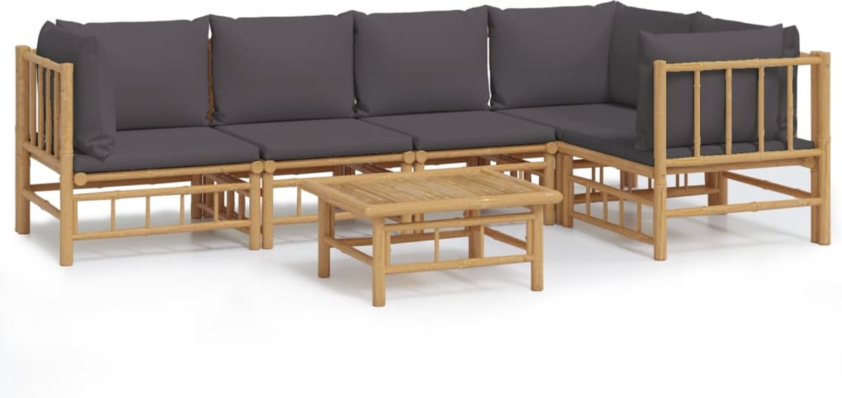 vidaXL 6-delige - Loungeset - met - kussens - bamboe - donkergrijs