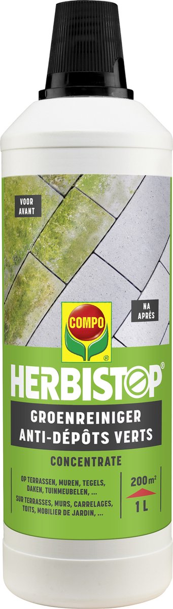 Herbistop Groenreiniger Concentrate - tegen groene aanslag - op terrassen, muren, tegels, daken, tuinmeubelen, ... - fles 1L (200 m²)