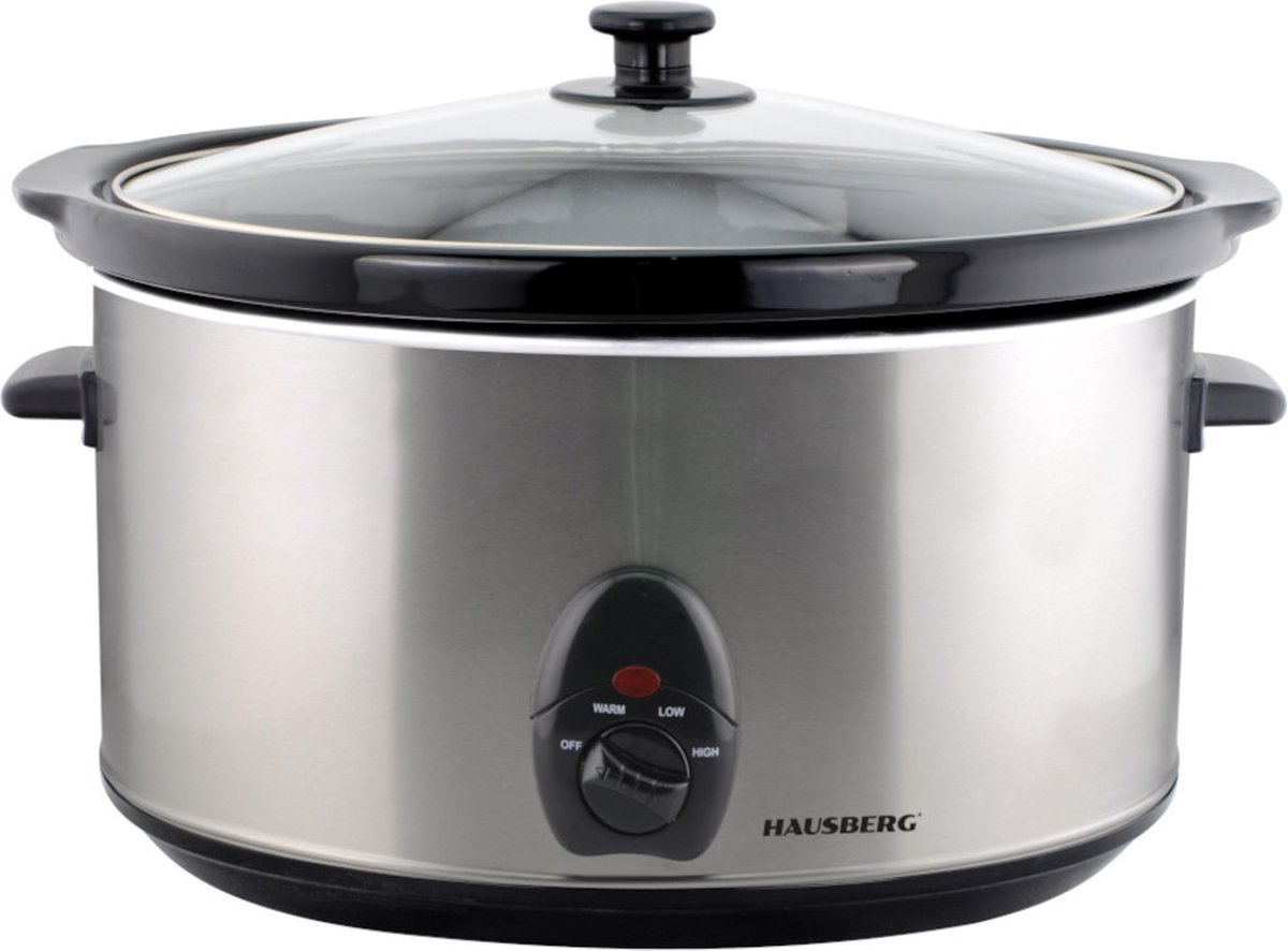 Hausberg HB-1301IN Slowcooker 6,5L – RVS – 320W – 3 Warmtestanden & Warmhoudfunctie – Glazen Deksel – Gezond en Gemakkelijk Koken