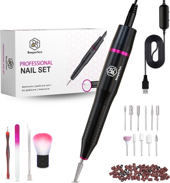 Beeperfect® Elektrische Nagelvijl - Nagelfrees - Manicure en Pedicure set - 11 Bitjes en 60 Schuurrolletjes - 4 Extra accessoires - Zwart