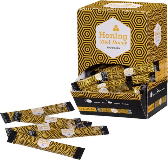 Dispenser met honingsticks, met honingraatpatroon in geel en zwart. Tekst: Honing Miel Honey 100 sticks.