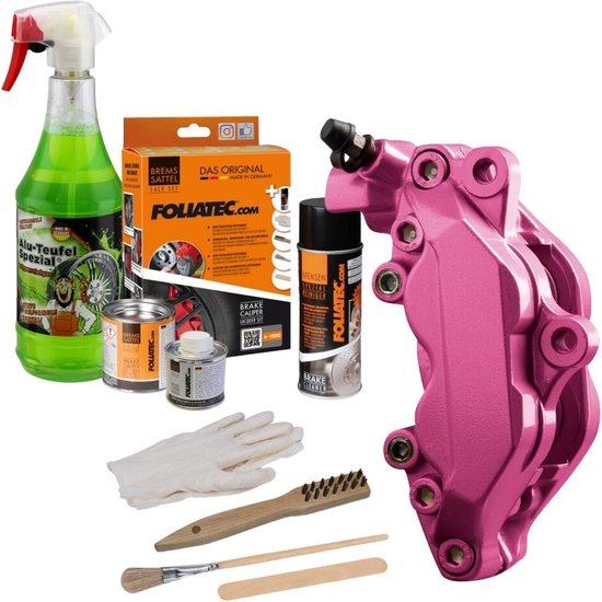 Kit de peinture Foliatec pour étriers - Rose Candy métallisé - 3 composants - Nettoyant pour jantes inclus