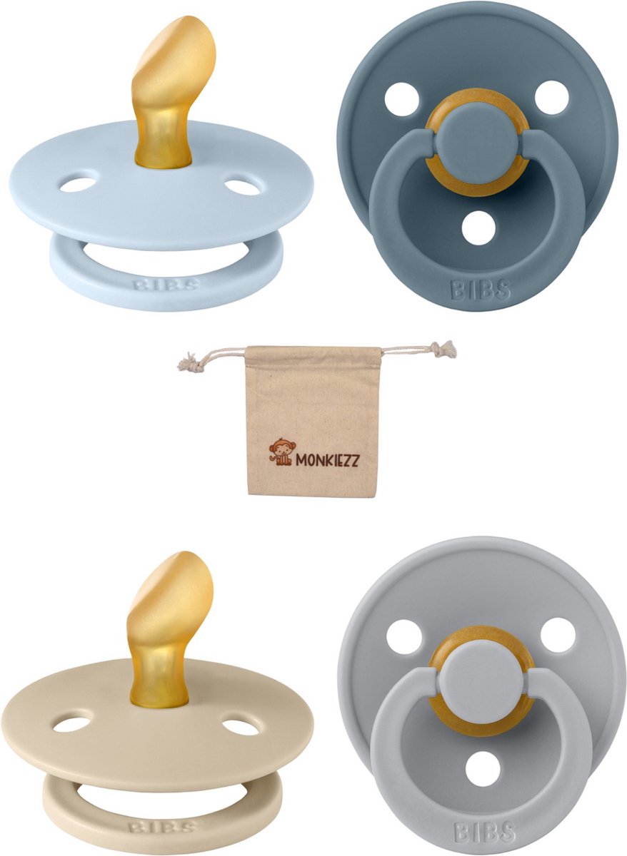 Goedkoopste Bibs Dental fopspenen Anatomical 0-6 maanden- Set 4 stuks- Baby Blue, Petrol, Cloud, Vanilla - Monkiezz speenzakje - orthodontisch- Anatomisch- Maat 1