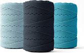 Ledent macramé touw, (2mm, 3 x 70M), set van 3, dubbel getwist - 100% geregenereerd katoenkoord - Macramé touw in lichtblauw, donkerblauw & turquoise om mee te knutselen.
