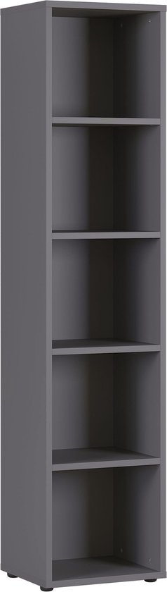 Hoge, smalle, donkergrijze open archiefkast met 5 vakken.