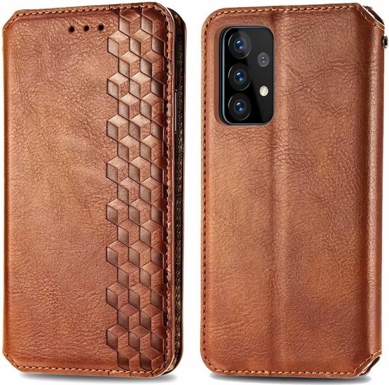 Bruin telefoonhoesje in boekstijl met diamantpatroon, voorkant en achterkant zichtbaar.