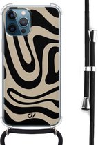 Casevibes - Telefoonhoesje met koord - Geschikt voor Apple iPhone 12 - Abstract Black Waves - Zwart - Geometrisch patroon