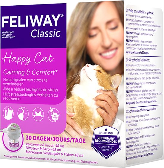 Doos van Feliway Classic 'Happy Cat' met diffuser en navulflacon. Een vrouw met kat.
