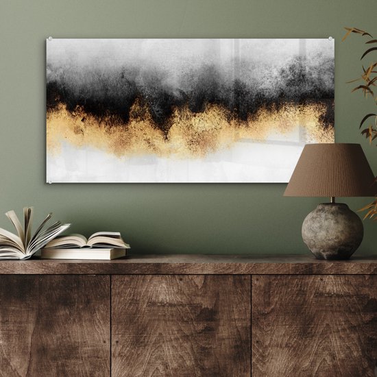 MuchoWow® Peinture sur Verre - Goud - Chic - Abstrait - Zwart - Wit - Luxe - 80x40 cm - Peintures sur Verre Acrylique - Photo sur Glas