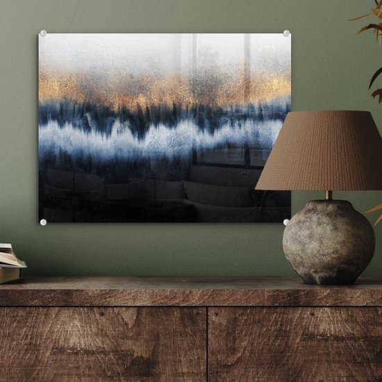 MuchoWow® Peinture sur verre 40x30 cm - Peinture sur verre acrylique - Abstrait - Or - Luxe - Blauw - Photo sur verre - Décoration murale salon - Décoration murale chambre - Peintures