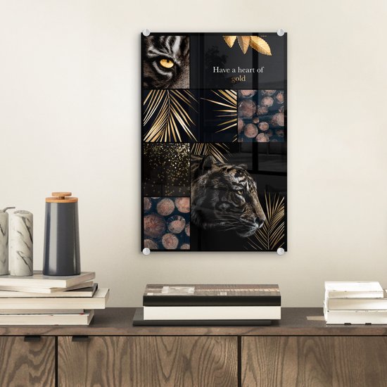 Glasschilderij tijger - Planten - Goud - Quotes - Have a heart of gold - Foto op glas - Woondecoratie - 20x30 cm - Wanddecoratie glas - Decoratie slaapkamer
