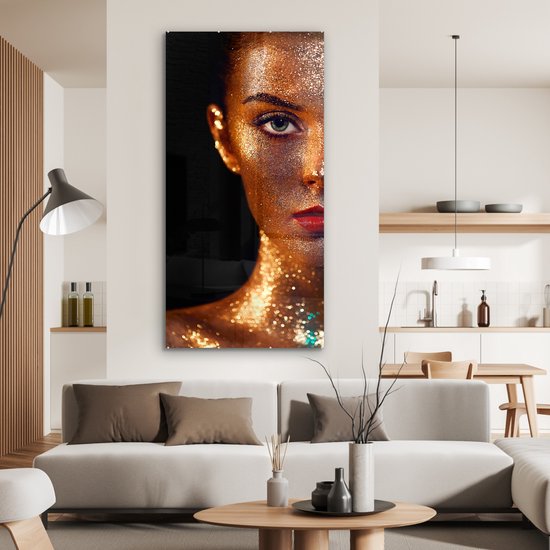 MuchoWow® Peinture sur Verre - Maquillage - Or - Femme - Luxe - Glitter - Art - 80x160 cm - Peintures sur Verre Peintures - Photo sur Glas