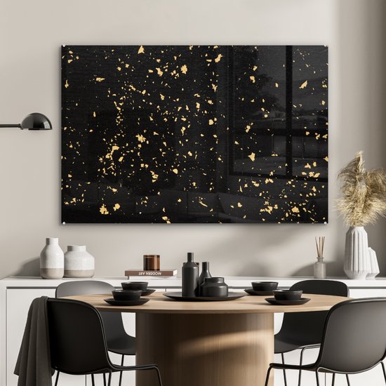 ® Glasschilderij 120x80 cm - Schilderij acrylglas - Gouden vlokken op een zwarte achtergrond - Foto op glas - Muurdecoratie woonkamer - Wanddecoratie slaapkamer - Schilderijen