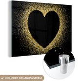 MuchoWow® Glasschilderij 90x60 cm - Schilderij acrylglas - Gouden hart op een zwarte achtergrond - Foto op glas - Schilderijen